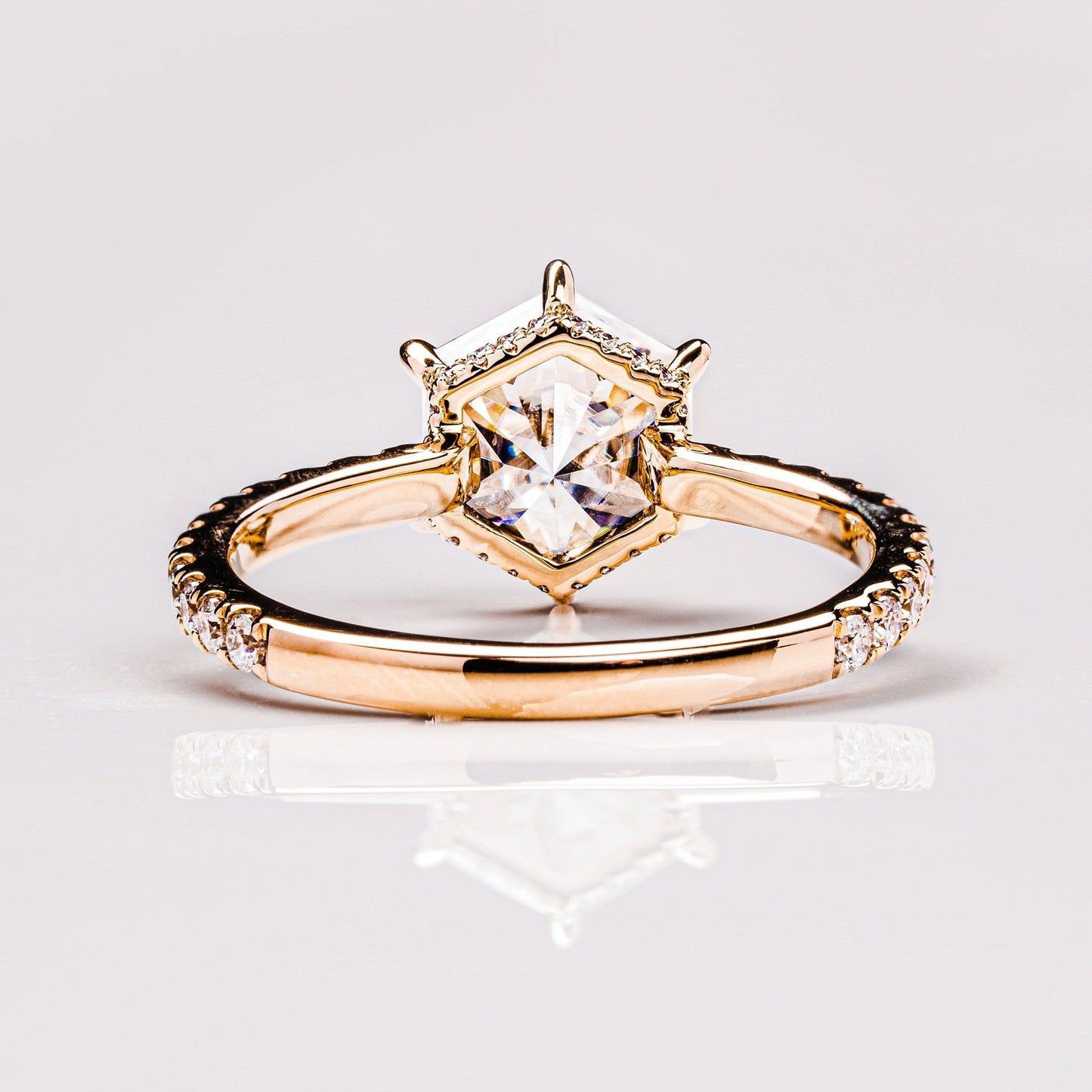 1.3 CT Hexagon Hidden Halo & Pave Moissanite Engagement Ring