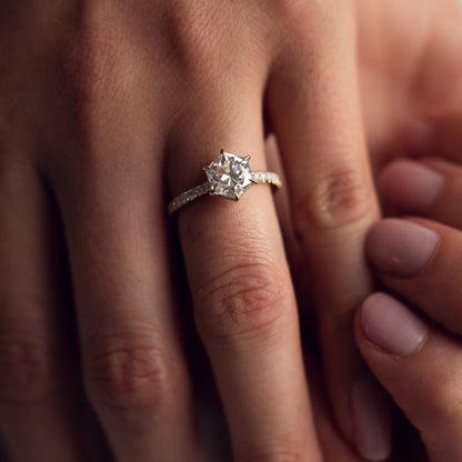 1.3 CT Hexagon Hidden Halo & Pave Moissanite Engagement Ring