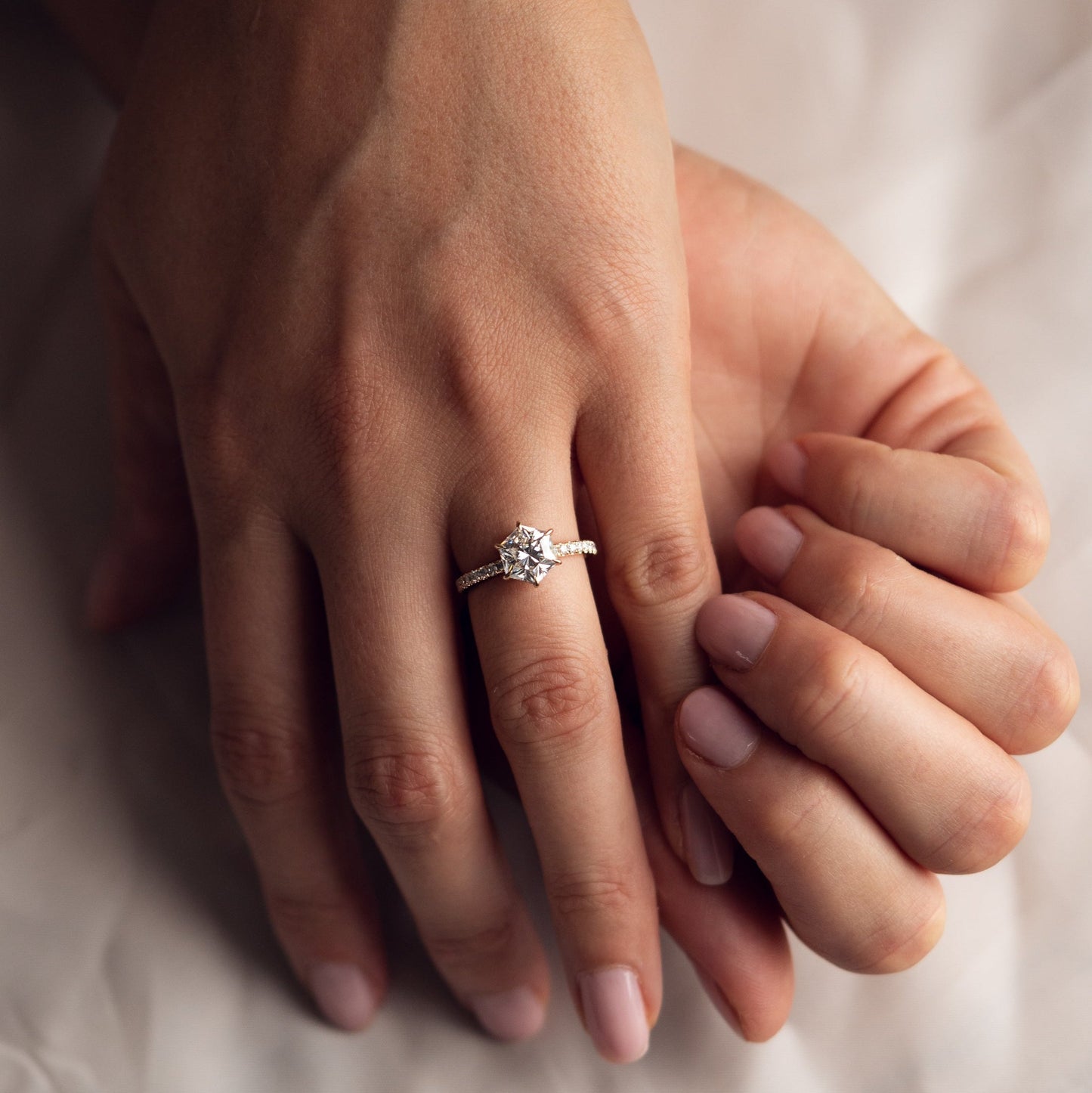 1.3 CT Hexagon Hidden Halo & Pave Moissanite Engagement Ring