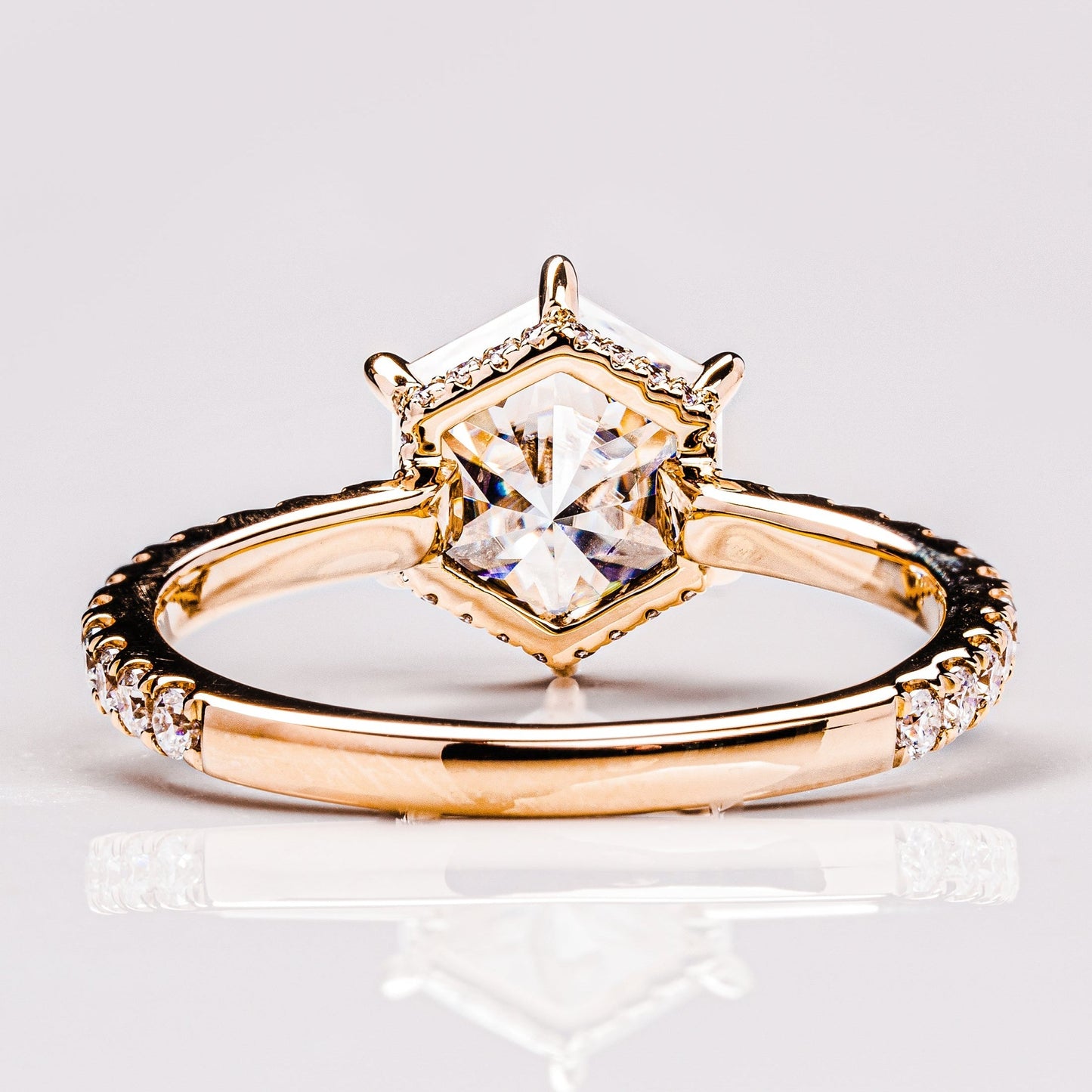 1.3 CT Hexagon Hidden Halo & Pave Moissanite Engagement Ring